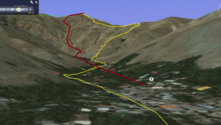 صعود به قله توچال از مسیر دره ایگل - نمایی از دره ایگل، مسیر قرمز مسیر صعود ما و مسیر زرد مسیر صعود به قله توچال از روی یال منتهی به قله توچال ا