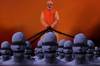 تصویری از مودی نخست وزیر حزب افراط گرای هندوی BJP در حال سو استفاده از هندوها 